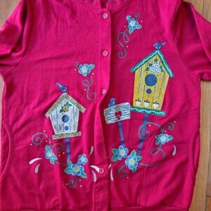 Vintage Blair adorable birdhouse bird flowers button front cardigan sweater sz L